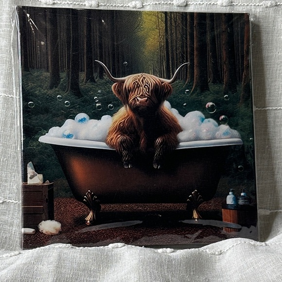 Highland Cow Bubble Bath Canvas Art Wall Hanging Canvas NWT Gifts 8.5"x8.5"x.75" - Picture 7 of 7